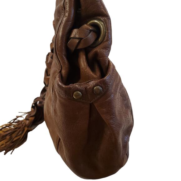 Kooba Hobo Bag Shoulder Carla Braided Tassels Brown Leather Drawstring Satchel - Picture 8 of 16